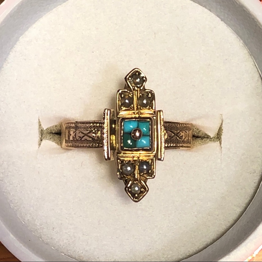 Victorian gold, turquoise seed pearl ring
